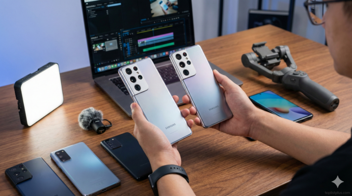 ภาพประกอบบทความ วิธีเลือกมือถือ Andorid ถ่ายวิดีโอ แสดงผู้ใช้งานกำลังถือเปรียบเทียบสมาร์ทโฟนแอนดรอยด์รุ่นเรือธงที่มีเลนส์กล้องขนาดใหญ่ บนโต๊ะทำงานที่มีอุปกรณ์เสริมสำหรับถ่ายวิดีโอครบครัน