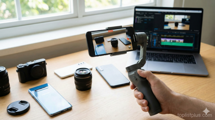 ภาพประกอบบทความ วิธีเลือกมือถือ Andorid ถ่ายวิดีโอ แสดงมือที่กำลังถือสมาร์ทโฟนแอนดรอยด์บนไม้กันสั่น พร้อมอุปกรณ์เสริมและโน้ตบุ๊กที่เปิดโปรแกรมตัดต่อวิดีโอ