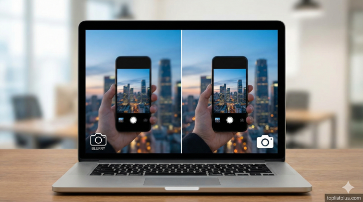 ภาพประกอบบทความแสดงผลลัพธ์เปรียบเทียบก่อนและหลังการใช้วิธีแก้ภาพเบลอกันสั่นสั่น โดยแสดงภาพถ่ายวิวเมืองที่เบลอและภาพที่คมชัดบนหน้าจอแล็ปท็อป