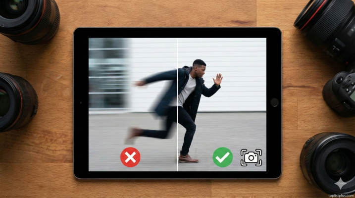 ภาพเปรียบเทียบก่อนและหลังการใช้วิธีแก้ภาพเบลอกันสั่นสั่น แสดงบนหน้าจอแท็บเล็ตพร้อมอุปกรณ์กล้องถ่ายรูป