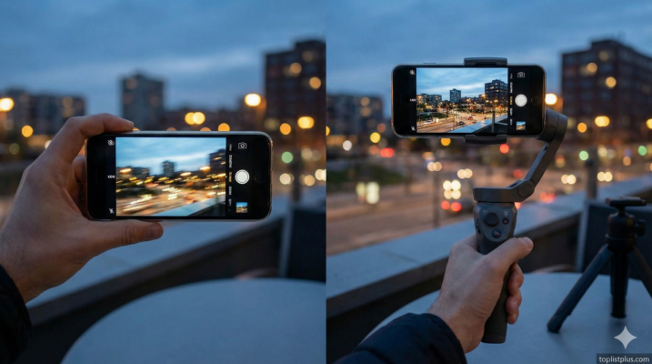 ภาพเปรียบเทียบการถ่ายวิดีโอด้วยสมาร์ทโฟนที่แสดงภาพเบลอจากการสั่นไหวในมือข้างซ้าย และภาพที่คมชัดจากการใช้ไม้กันสั่น (Gimbal) ในมือข้างขวา เพื่อแสดงวิธีแก้ภาพเบลอกันสั่นสั่น