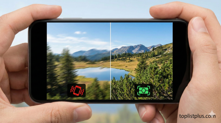 หน้าจอมือถือแสดงภาพเปรียบเทียบระหว่างภาพที่เบลอจากการสั่นไหวและภาพที่คมชัดหลังจากใช้เทคโนโลยีกันสั่น แสดงให้เห็นถึงผลลัพธ์ของวิธีแก้ภาพเบลอกันสั่นสั่น