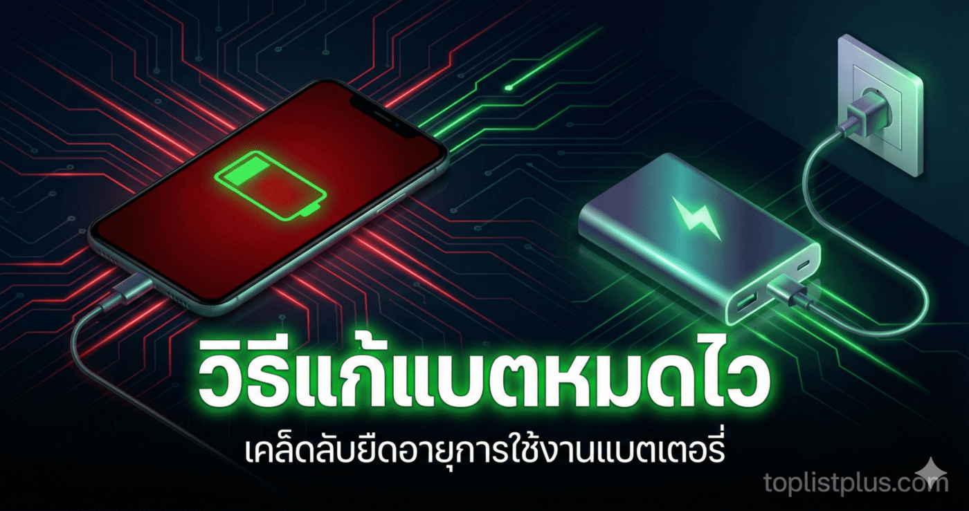 ภาพหน้าปกบทความแนะนำ วิธีแก้แบตหมดไว แสดงโทรศัพท์มือถือที่กำลังชาร์จแบตเตอรี่จากพาวเวอร์แบงค์และปลั๊กไฟ