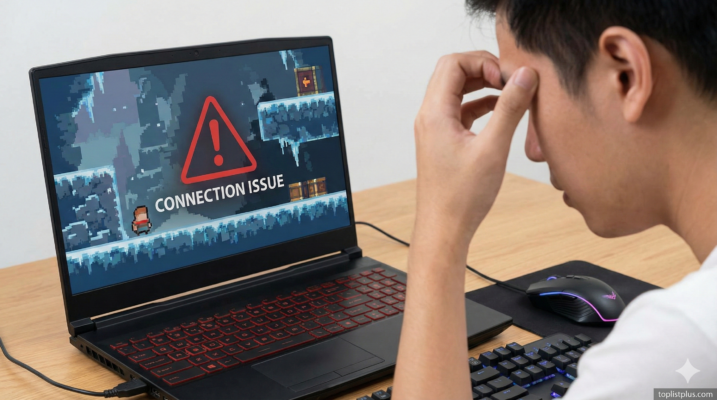 ชายหนุ่มทำหน้าเครียดขณะเล่นเกมบนโน้ตบุ๊กที่เจอปัญหา connection issue ซึ่งเป็นหนึ่งในสาเหตุที่ทำให้ต้องค้นหาวิธีแก้เกมกระตุก
