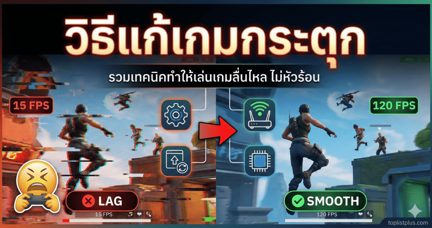 รูปภาพหน้าปกบทความ "วิธีแก้เกมกระตุก" แสดงภาพเปรียบเทียบระหว่างการเล่นเกมที่กระตุก (LAG 15 FPS) กับการเล่นเกมที่ลื่นไหล (SMOOTH 120 FPS) พร้อมไอคอนแนวทางการแก้ไขปัญหาต่างๆ