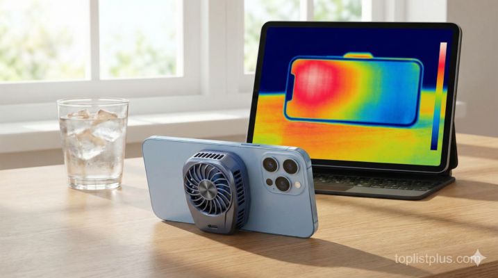ภาพประกอบแสดงสมาร์ทโฟนที่ติดพัดลมระบายความร้อนและแท็บเล็ตแสดงภาพถ่ายความร้อน ซึ่งเป็นส่วนหนึ่งของวิธีแก้เครื่องร้อนขณะใช้งาน