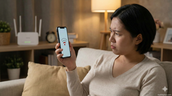 ภาพผู้หญิงมีสีหน้าหงุดหงิดขณะมองหน้าจอมือถือที่แสดงสัญญาณอินเทอร์เน็ตต่ำ ซึ่งเกี่ยวข้องกับบทความวิธีแก้ WiFi มือถืออ่อน