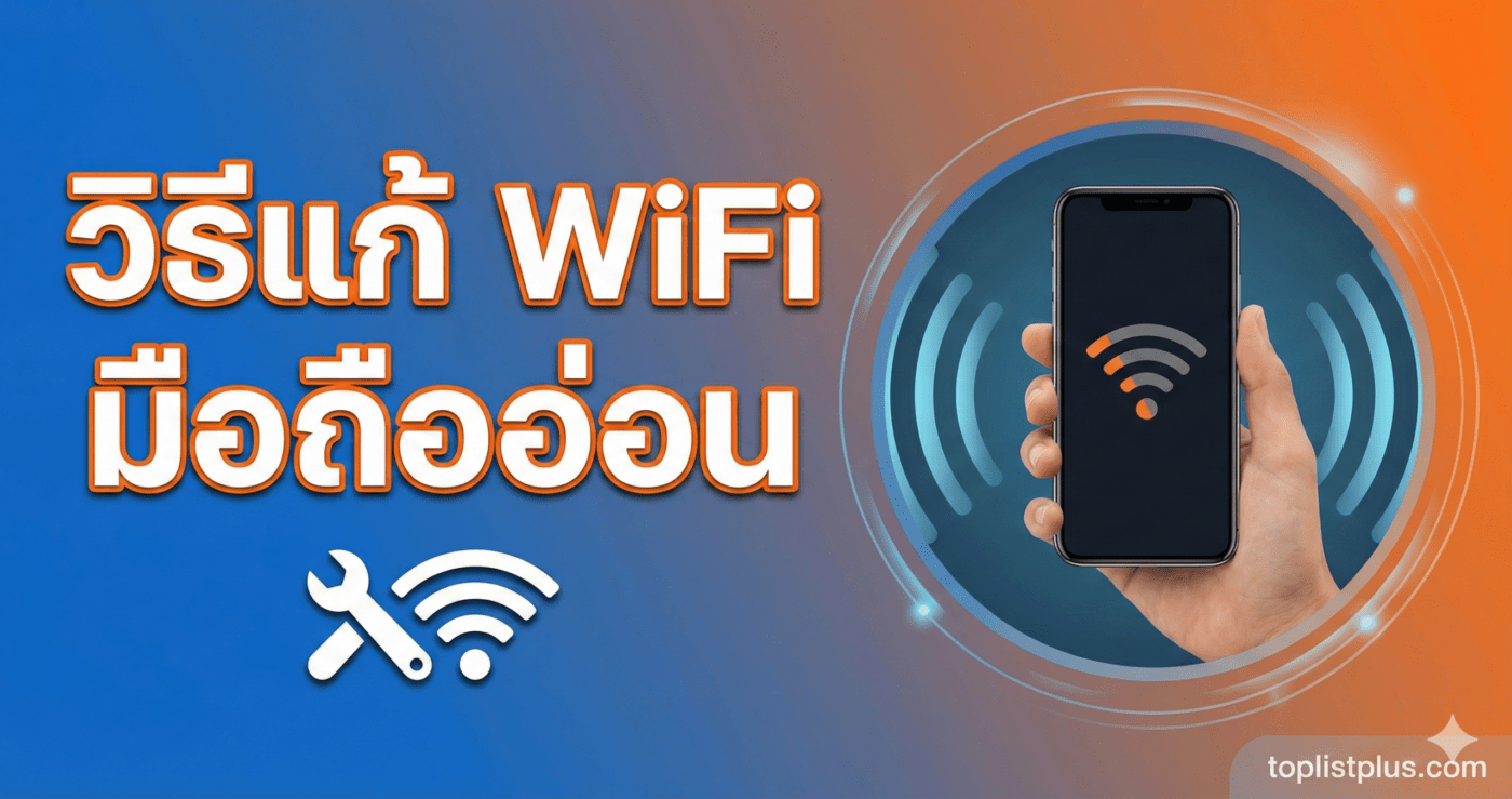 หน้าปกบทความ toplistplus.com หัวข้อ "วิธีแก้ WiFi มือถืออ่อน" พร้อมภาพประกอบมือจับสมาร์ทโฟนที่มีสัญลักษณ์ Wi-Fi และไอคอนเครื่องมือซ่อมแซม