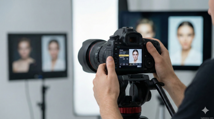 มือช่างภาพกำลังปรับโฟกัสและตั้งค่ากล้องให้ชัดบนขาตั้งกล้องในสตูดิโอถ่ายภาพ