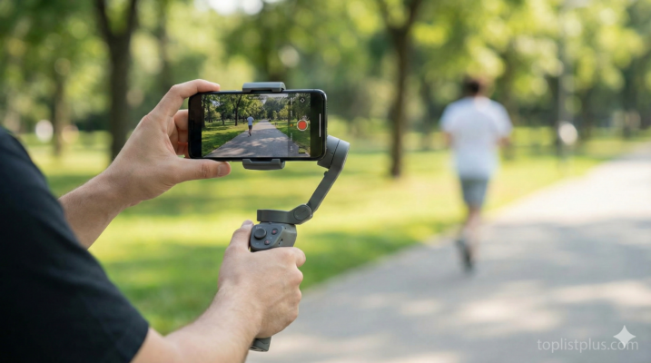 ภาพประกอบบทความเกี่ยวกับวิธีถ่ายคลิปมือถือให้ไม่สั่น แสดงการใช้อุปกรณ์เสริมกิมบอลช่วยในการถ่ายทำ