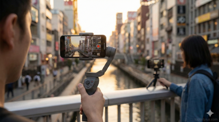 ภาพแสดงการใช้อุปกรณ์ช่วยประคองกล้องและ วิธีถ่ายคลิปมือถือให้ไม่สั่น ด้วยกิมบอลและขาตั้งกล้องเพื่อให้ได้ภาพวิดีโอที่นิ่งและเป็นมืออาชีพ