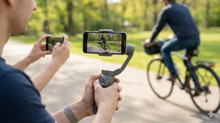 ภาพแสดงการใช้อุปกรณ์กันสั่น (Gimbal) สำหรับสมาร์ทโฟน ซึ่งเป็นหนึ่งในวิธีถ่ายคลิปมือถือให้ไม่สั่น ช่วยให้ได้ภาพวิดีโอที่นิ่งและราบรื่นขณะเคลื่อนไหว