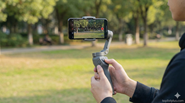 รูปภาพคนใช้ไม้กันสั่นสาธิตวิธีถ่ายคลิปมือถือให้ไม่สั่น