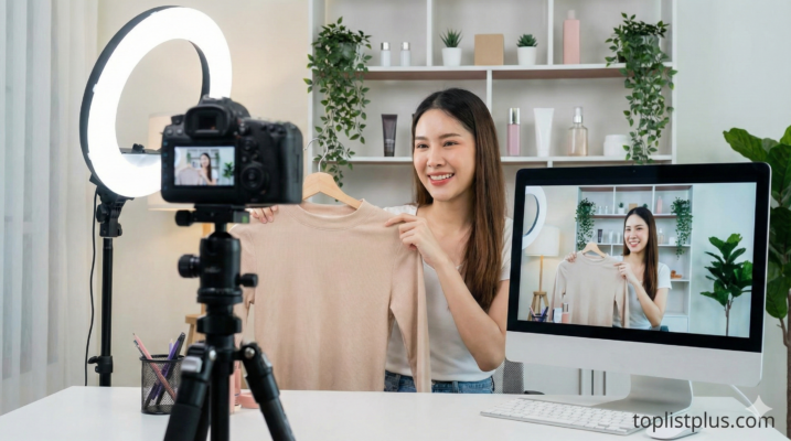 หญิงสาวกำลังไลฟ์สดขายเสื้อผ้าด้วยอุปกรณ์คุณภาพสูงในสตูดิโอ แสดงถึง วิธีไลฟ์สดขายของให้วิดีโอคม