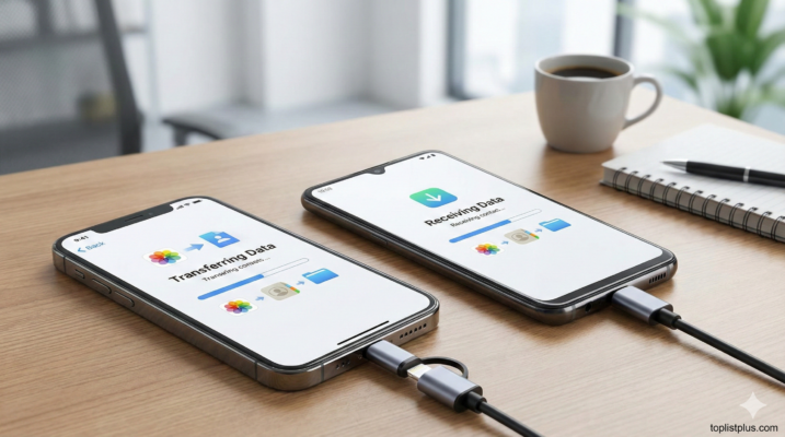 ภาพถ่ายแสดงวิธีโอนข้อมูลจาก iPhone → Android โดยการเชื่อมต่อสายเคเบิลระหว่างโทรศัพท์มือถือทั้งสองเครื่องที่วางอยู่บนโต๊ะทำงาน