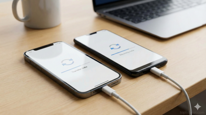 ภาพประกอบแสดงวิธีโอนข้อมูลจาก iPhone → Android ผ่านการเชื่อมต่อด้วยสายเคเบิลระหว่างโทรศัพท์ทั้งสองเครื่อง