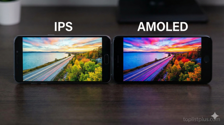 โทรศัพท์มือถือสองเครื่องวางคู่กัน แสดงผลเปรียบเทียบความแตกต่างของสีสันและความคมชัด เพื่อช่วยตัดสินใจว่า จอ IPS vs AMOLED เลือกอันไหนดี