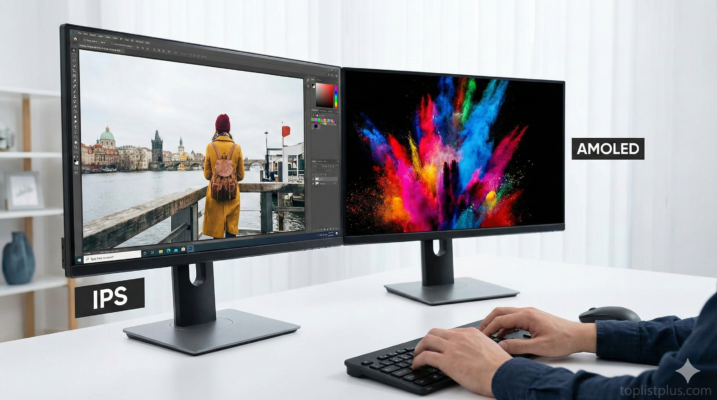 ภาพเปรียบเทียบหน้าจอมอนิเตอร์บนโต๊ะทำงาน ด้านซ้ายระบุ IPS แสดงภาพถ่ายที่ให้สีสันสมจริง ด้านขวาระบุ AMOLED แสดงภาพที่มีคอนทราสต์จัดจ้านและสีดำสนิท ใช้ประกอบการตัดสินใจว่า จอ IPS vs AMOLED เลือกอันไหนดี