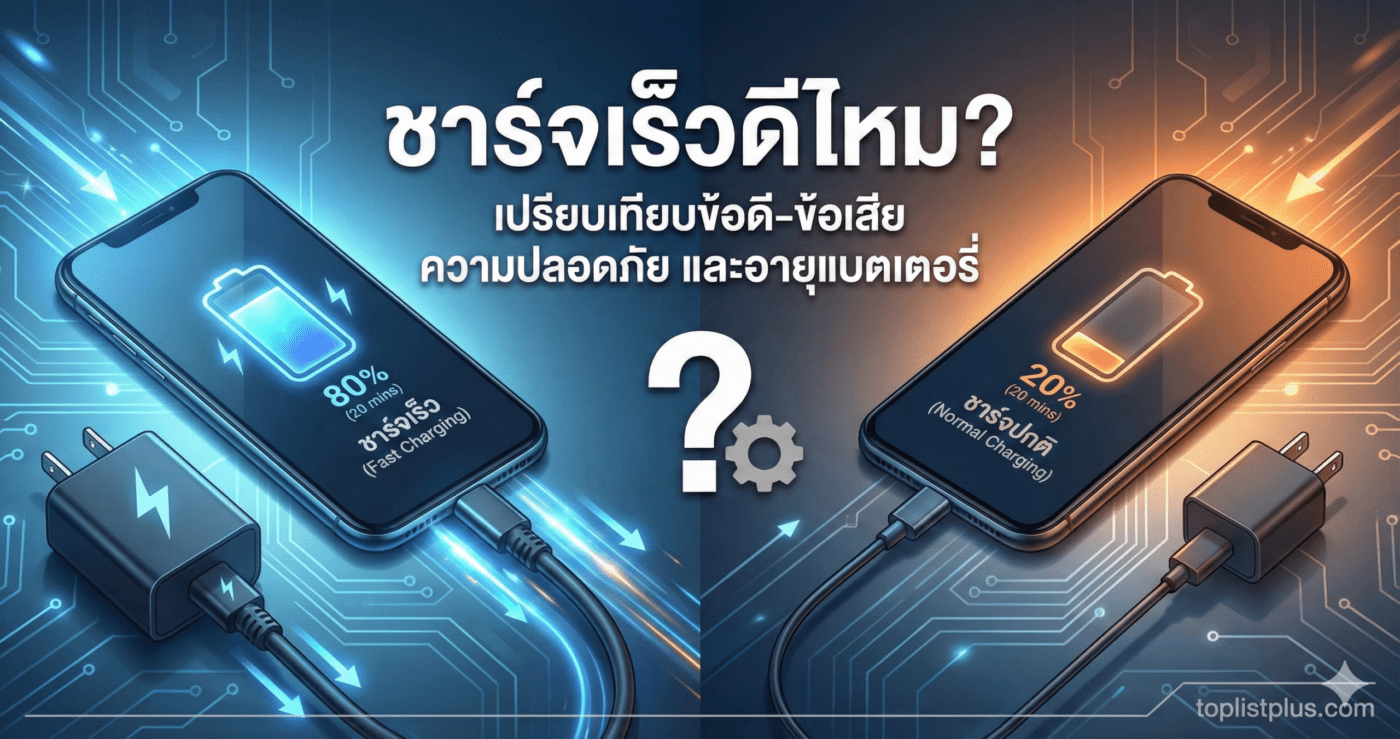 ภาพหน้าปกบทความ SEO หัวข้อ ชาร์จเร็วดีไหม เปรียบเทียบข้อดีข้อเสีย ความปลอดภัย และอายุแบตเตอรี่ระหว่างการชาร์จเร็วและชาร์จปกติ