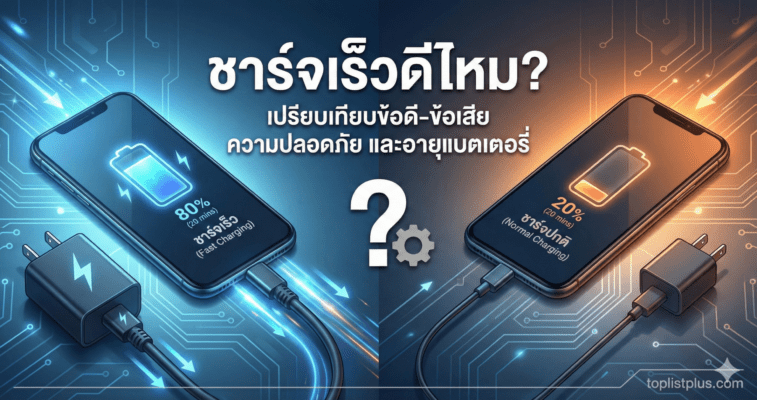 ภาพหน้าปกบทความ SEO หัวข้อ ชาร์จเร็วดีไหม เปรียบเทียบข้อดีข้อเสีย ความปลอดภัย และอายุแบตเตอรี่ระหว่างการชาร์จเร็วและชาร์จปกติ