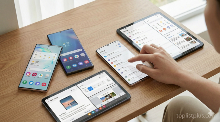 ภาพสมาร์ทโฟนและแท็บเล็ต Samsung แสดงอินเทอร์เฟซ One UI ขณะถูกใช้งาน ประกอบบทความ One UI ดีไหม