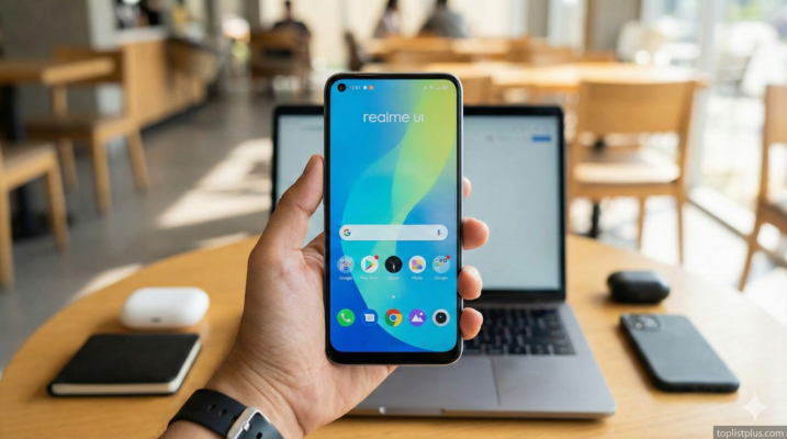 สมาร์ทโฟน realme โชว์หน้าตาอินเทอร์เฟซ realme UI ประกอบบทความรีวิวว่า realme UI ดีไหม