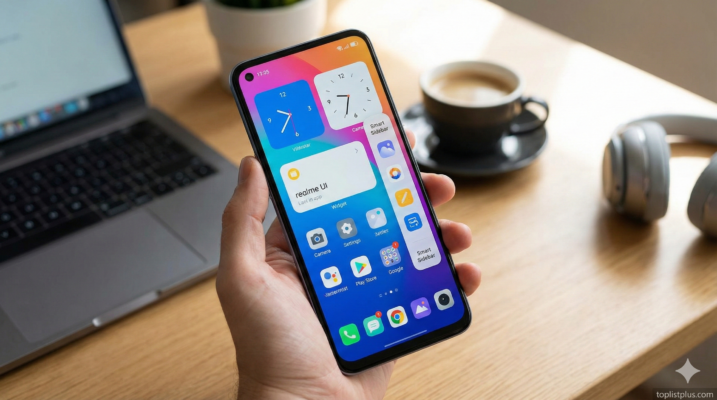 หน้าจอสมาร์ทโฟน realme แสดงอินเทอร์เฟซ realme UI พร้อมวิดเจ็ตและไอคอนต่างๆ เพื่อประกอบบทความว่า realme UI ดีไหม