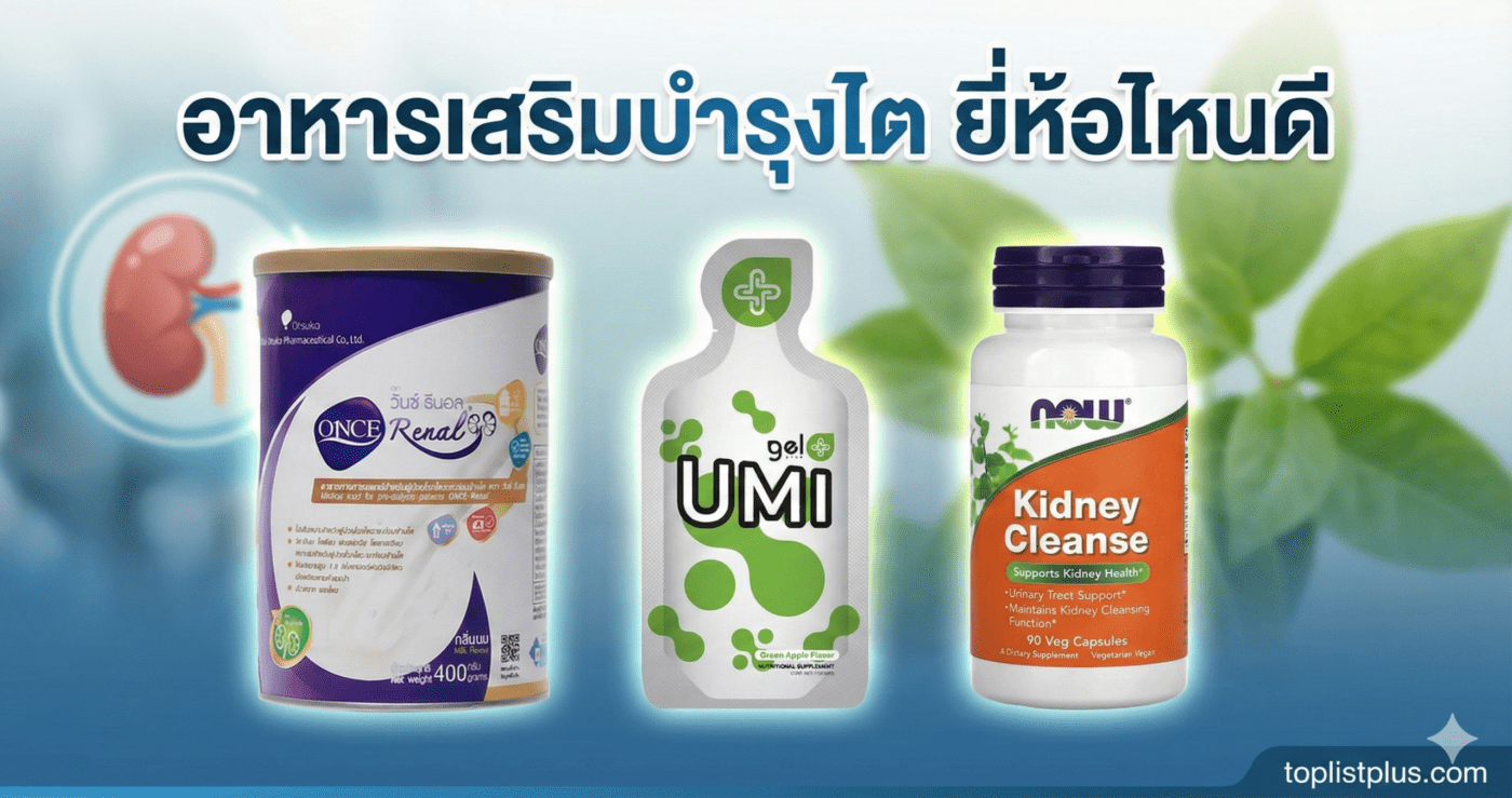 ภาพปกบทความ อาหารเสริมบำรุงไต ยี่ห้อไหนดี แสดงผลิตภัณฑ์ 3 ชนิด ONCE Renal, UMI gel และ NOW Kidney Cleanse