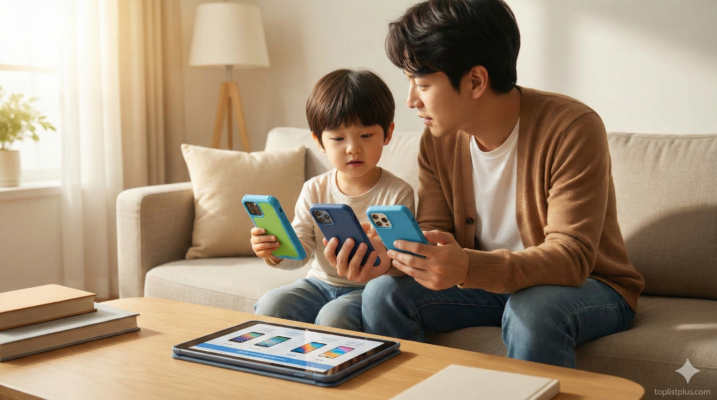 พ่อกับลูกชายนั่งดูสมาร์ทโฟนหลายเครื่องบนโซฟา กำลังเลือก โทรศัพท์ สำหรับเด็ก รุ่นไหนดี