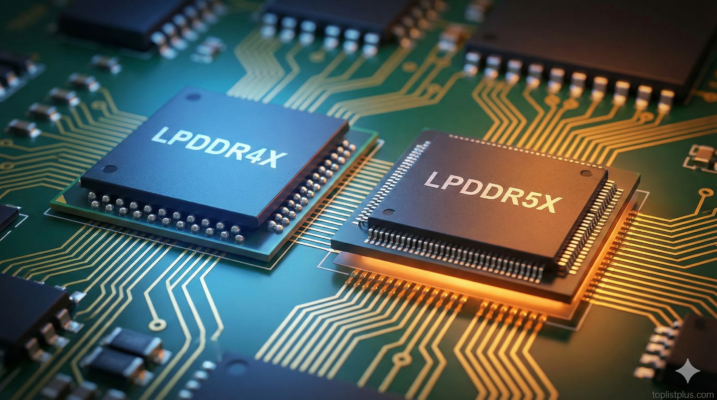 ภาพกราฟิกเปรียบเทียบชิปหน่วยความจำ LPDDR4X vs LPDDR5X บนแผงวงจร