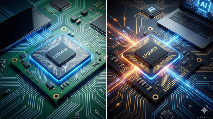ภาพกราฟิกเปรียบเทียบชิปหน่วยความจำ LPDDR4X vs LPDDR5X แสดงความแตกต่างด้านเทคโนโลยีบนแผงวงจรอิเล็กทรอนิกส์