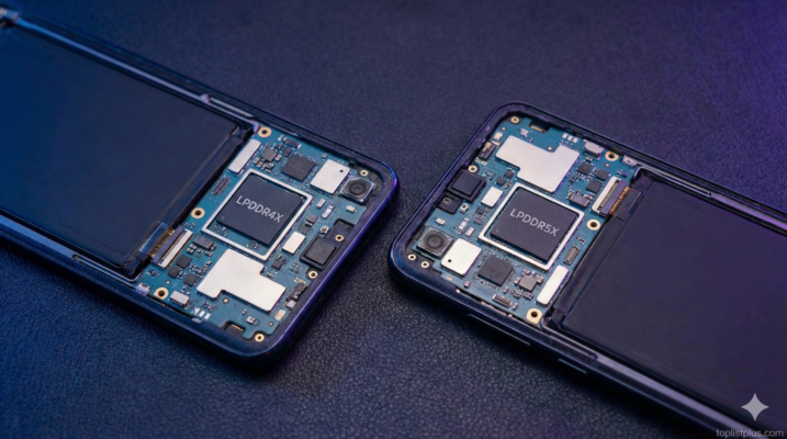 ภาพเปรียบเทียบชิปหน่วยความจำภายในสมาร์ทโฟนระหว่างเทคโนโลยี LPDDR4X vs LPDDR5X เพื่อแสดงความแตกต่างของฮาร์ดแวร์