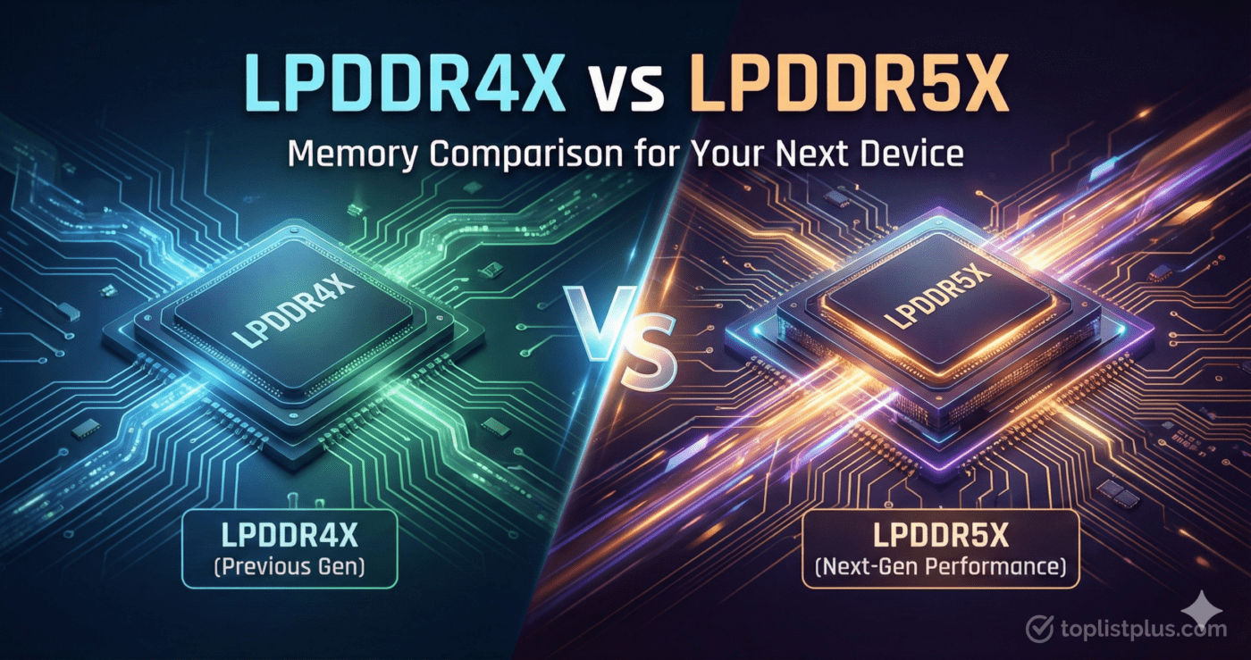 ภาพกราฟิกเปรียบเทียบเทคโนโลยีหน่วยความจำ LPDDR4X vs LPDDR5X แสดงชิป Previous Gen สีเขียวด้านซ้าย และ Next-Gen Performance สีส้มด้านขวา บนแผงวงจรอิเล็กทรอนิกส์ พร้อมโลโก้ toplistplus.com