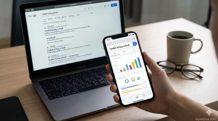 ภาพประกอบบทความคำถามที่พบบ่อย แสดงหน้าจอสมาร์ทโฟนและแล็ปท็อปที่กำลังค้นหาข้อมูล โทรศัพท์ จอใหญ่ รุ่นไหนดี เพื่อเปรียบเทียบรุ่นต่างๆ