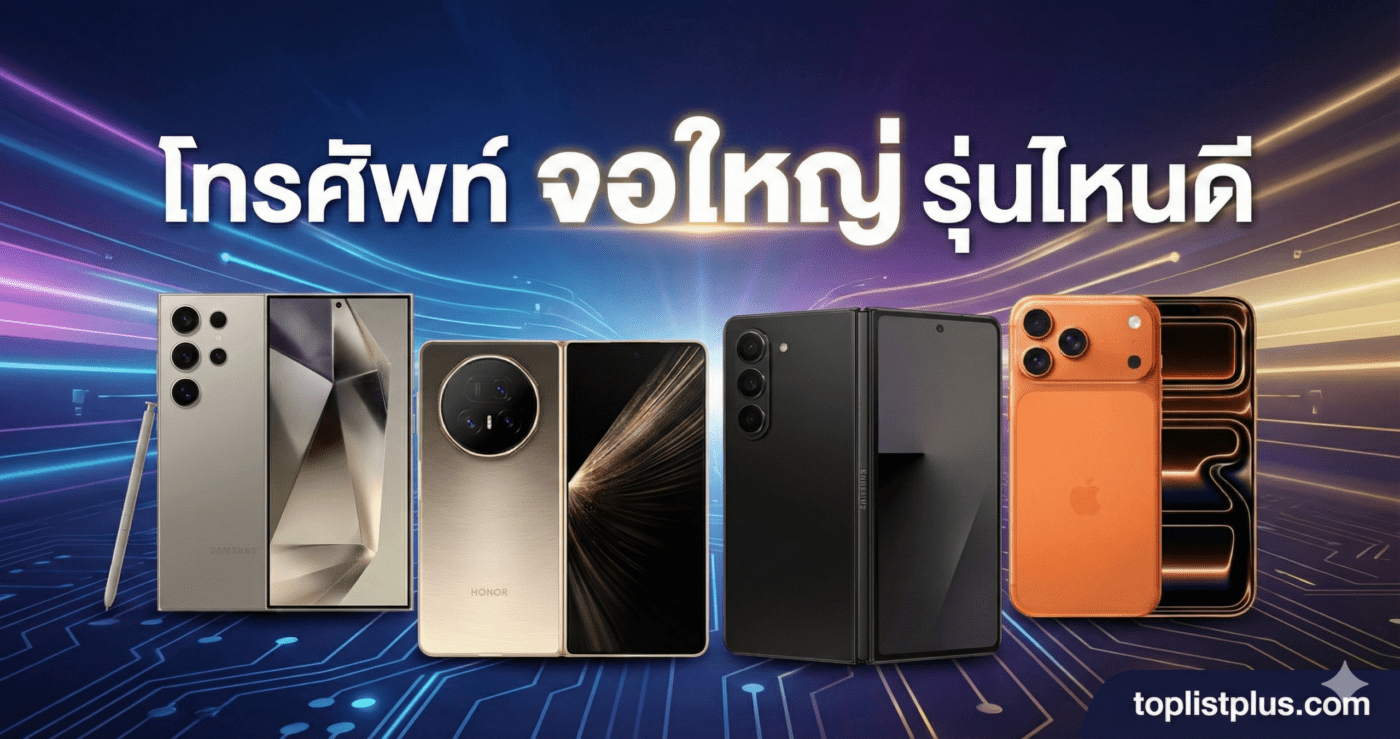 รูปภาพหน้าปกบทความ "โทรศัพท์ จอใหญ่ รุ่นไหนดี" แสดงสมาร์ทโฟนหน้าจอใหญ่รุ่นเรือธง 4 รุ่น ได้แก่ Samsung Galaxy S24 Ultra, Honor Magic V2, Samsung Galaxy Z Fold5 และ iPhone 15 Pro Max บนพื้นหลังเทคโนโลยี