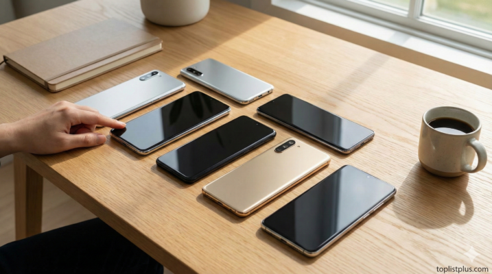 ภาพประกอบบทสรุปเปรียบเทียบโทรศัพท์ บางเบา รุ่นไหนดี แสดงโทรศัพท์หลายเครื่องวางบนโต๊ะไม้