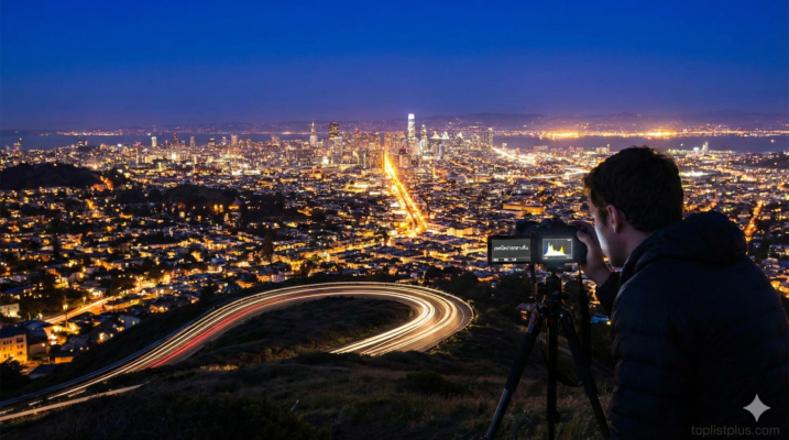ภาพช่างภาพกำลังใช้ขาตั้งกล้องถ่ายภาพวิวเมืองยามค่ำคืนที่มีเส้นแสงไฟรถยนต์ลากยาว บนหน้าจอกล้องแสดงคำว่า เทคนิคถ่ายกลางคืน