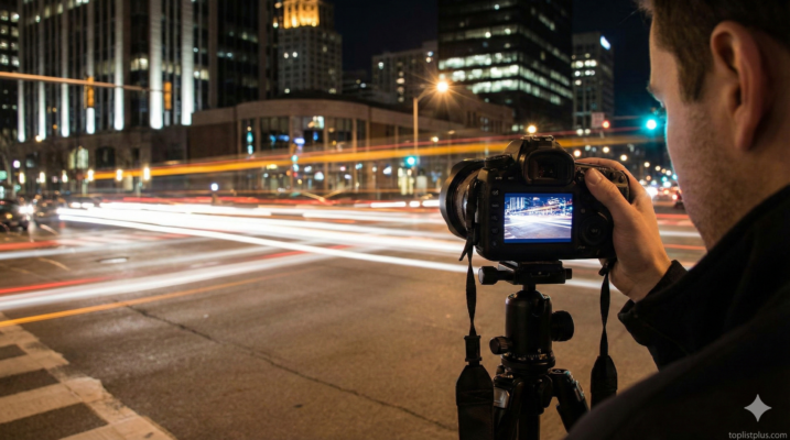 ภาพประกอบการใช้เทคนิคถ่ายกลางคืนด้วยการตั้งกล้องถ่ายภาพเส้นแสงไฟในเมือง
