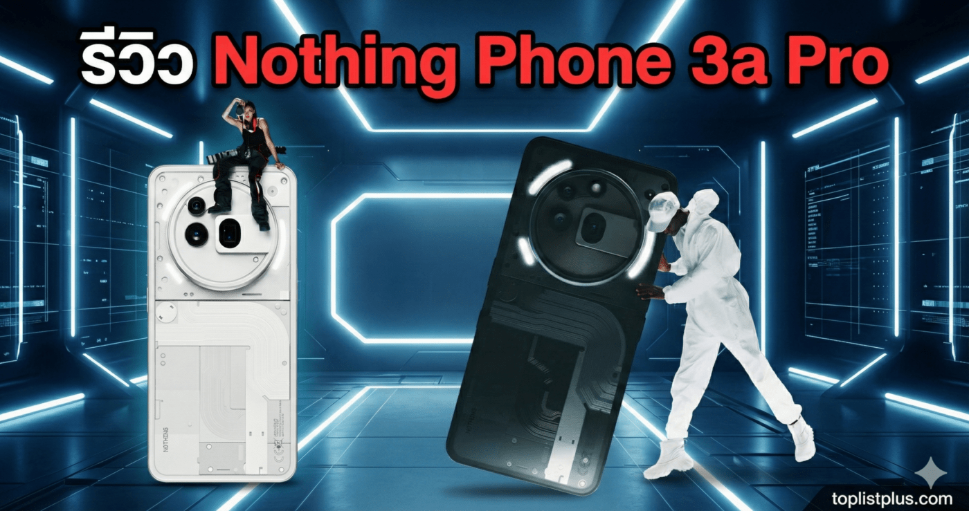 ภาพปกบทความ รีวิว Nothing Phone 3a Pro โชว์ดีไซน์เครื่องสีขาวและสีดำ พร้อมตัวละคร ในฉากหลังไฟนีออนสุดล้ำ