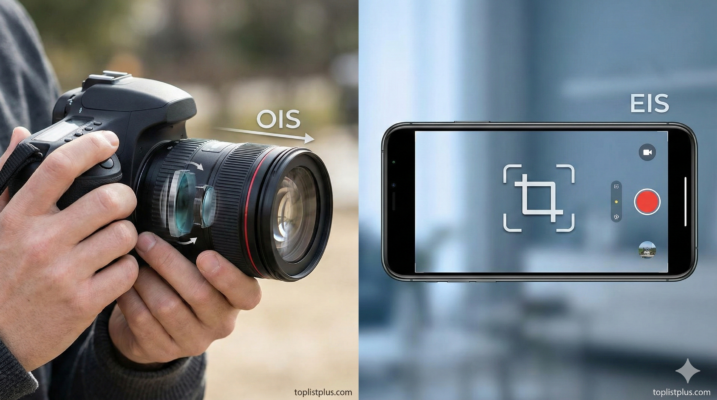 ภาพกราฟิกเปรียบเทียบการทำงานของระบบกันสั่น OIS (Optical Image Stabilization) ในเลนส์กล้อง และ EIS (Electronic Image Stabilization) บนหน้าจอสมาร์ทโฟน เพื่อประกอบบทความเรื่อง OIS vs EIS ต่างกันยังไง