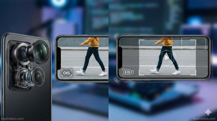 ภาพจำลองเปรียบเทียบการทำงานของระบบกันสั่นกล้องสมาร์ทโฟนแบบ OIS (Optical) ด้านซ้าย และ EIS (Electronic) ด้านขวา เพื่ออธิบายว่า OIS vs EIS ต่างกันยังไง