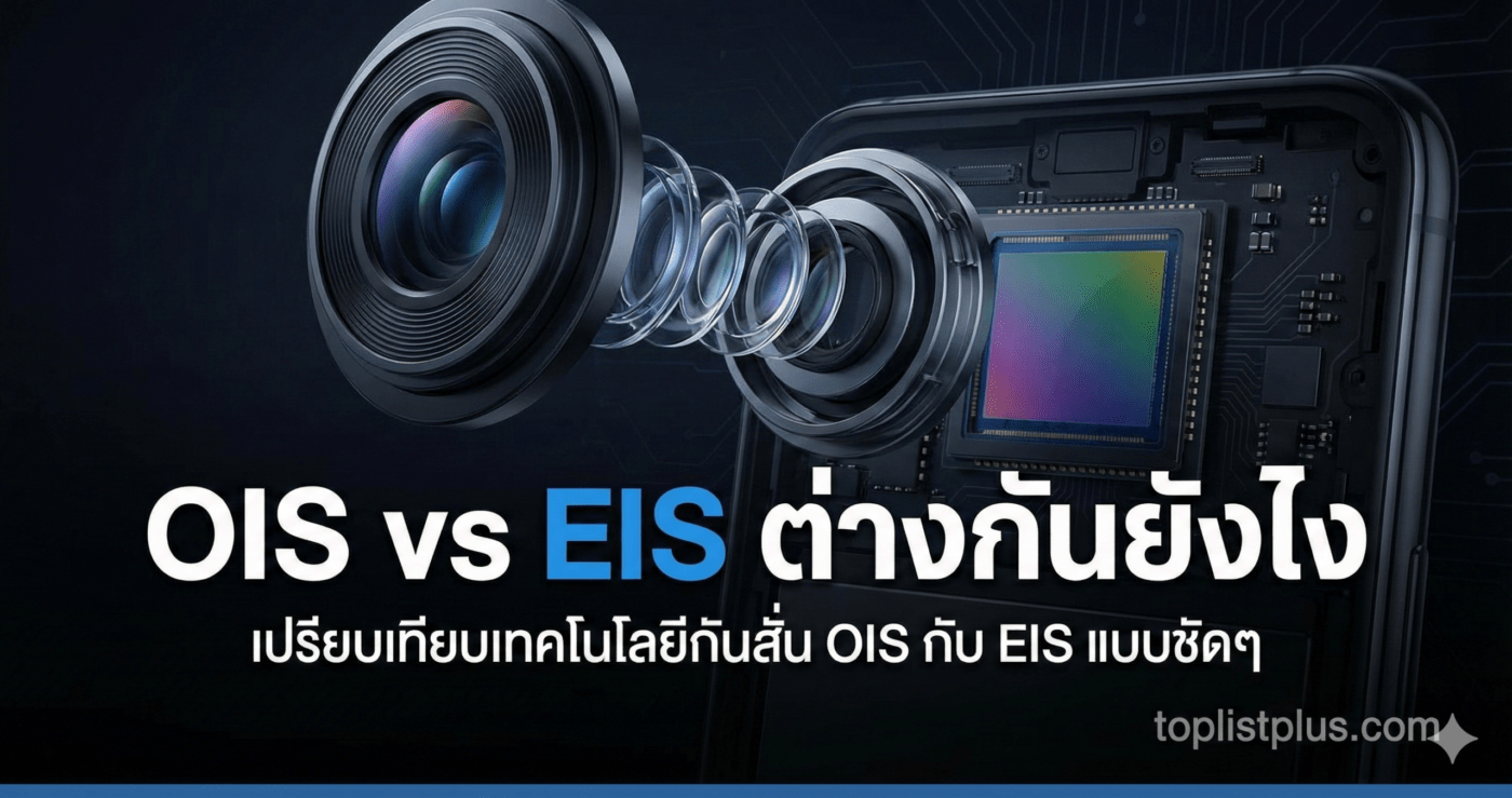 รูปภาพหน้าปกบทความเปรียบเทียบเทคโนโลยีกันสั่น "OIS vs EIS ต่างกันยังไง" แสดงชิ้นส่วนเลนส์และเซนเซอร์กล้องสมาร์ทโฟน