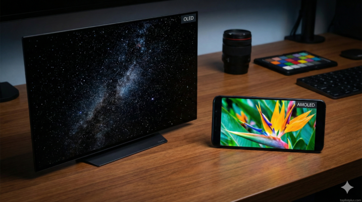 ภาพถ่ายเปรียบเทียบหน้าจอทีวี OLED และหน้าจอโทรศัพท์มือถือ AMOLED บนโต๊ะทำงาน เพื่อสื่อถึงบทความเรื่อง จอ OLED vs AMOLED ต่างกันยังไง