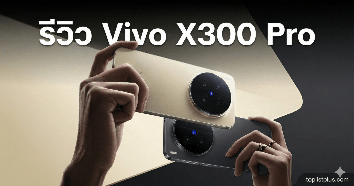 ภาพปกบทความ รีวิว Vivo X300 Pro แสดงดีไซน์ตัวเครื่องสีทองและสีดำพร้อมกล้องหลังขนาดใหญ่