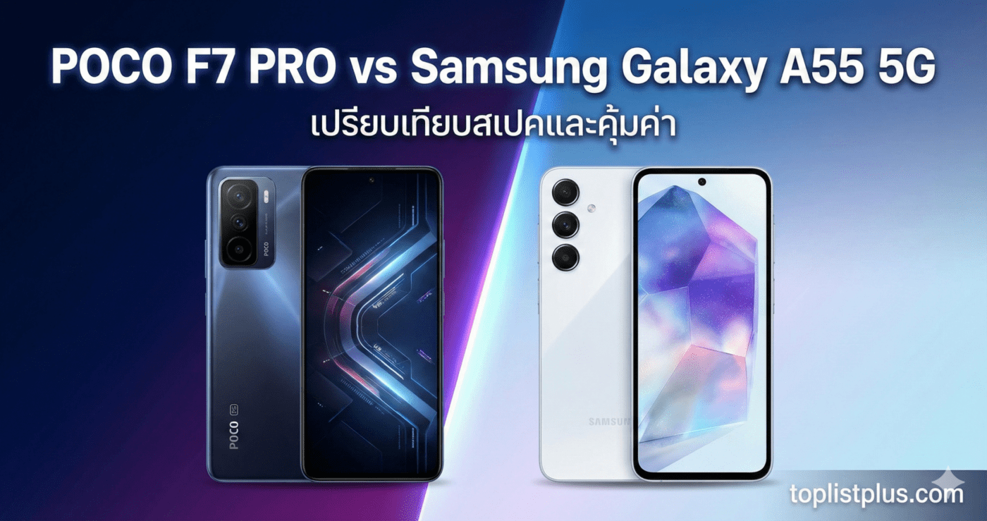 รูปภาพหน้าปกบทความเปรียบเทียบสมาร์ทโฟน POCO F7 PRO vs Samsung Galaxy A55 5G แสดงตัวเครื่องทั้งสองรุ่นพร้อมข้อความหัวข้อและโลโก้ toplistplus.com