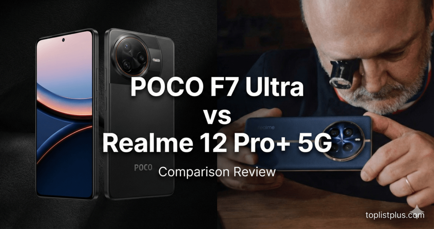 รูปภาพหน้าปกบทความเปรียบเทียบสมาร์ทโฟน POCO F7 Ultra vs Realme 12 Pro+ 5G แสดงภาพเครื่อง POCO F7 Ultra ทั้งด้านหน้าและด้านหลัง กับภาพชายกำลังใช้แว่นขยายส่องดู Realme 12 Pro+ 5G พร้อมข้อความ "Comparison Review"