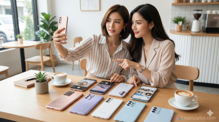 ภาพประกอบบทความเคล็ดลับการเลือกซื้อ โทรศัพท์ สำหรับผู้หญิง รุ่นไหนดี แสดงผู้หญิงสองคนกำลังเปรียบเทียบและทดลองใช้สมาร์ทโฟนดีไซน์สวยงามหลายรุ่นในบรรยากาศร้านกาแฟ
