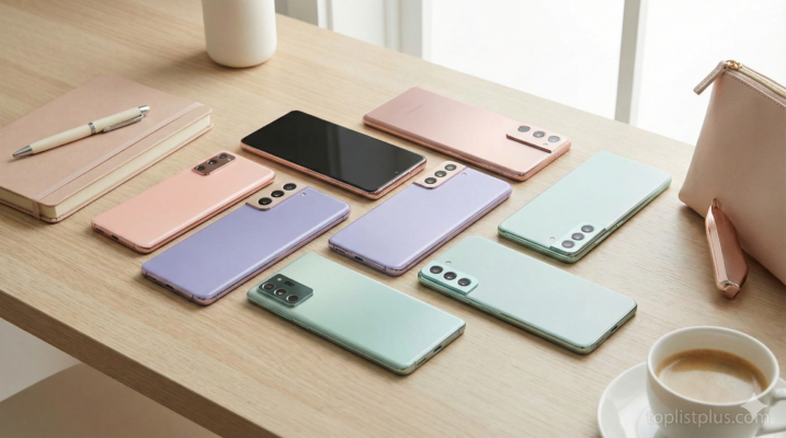 ภาพประกอบบทความ โทรศัพท์ สำหรับผู้หญิง รุ่นไหนดี แสดงสมาร์ทโฟนหลากสีพาสเทลบนโต๊ะทำงาน