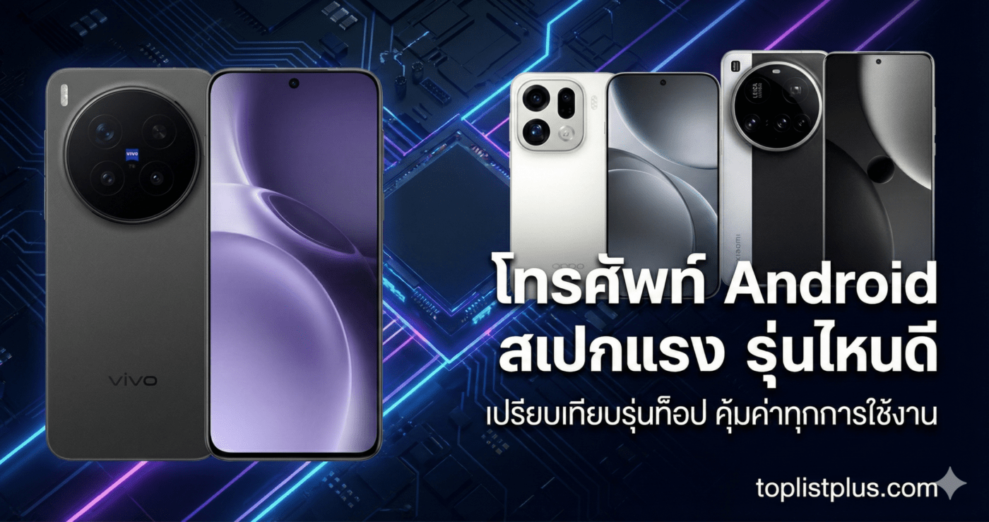 ปกบทความ โทรศัพท์ Android สเปกแรง รุ่นไหนดี รวมรุ่นท็อปจาก Vivo, OPPO และ Xiaomi บนพื้นหลังวงจรชิป