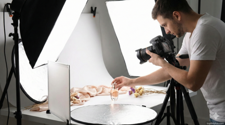 บรรยากาศการจัดไฟในสตูดิโอเพื่อใช้ เทคนิคถ่ายสินค้า ให้ดูมีความเป็นมืออาชีพและสวยงาม